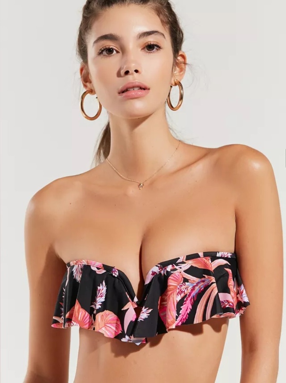Tori Praver Swimwear Kamille Flounce Bandeau Bikini Top Tropical Floral NWT SZ L